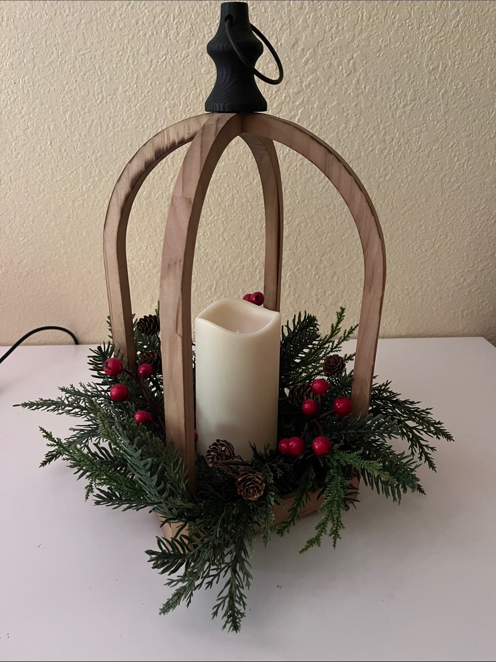 Michaels Wooden Holiday Lantern with White LED Candle and Red Berry Accents